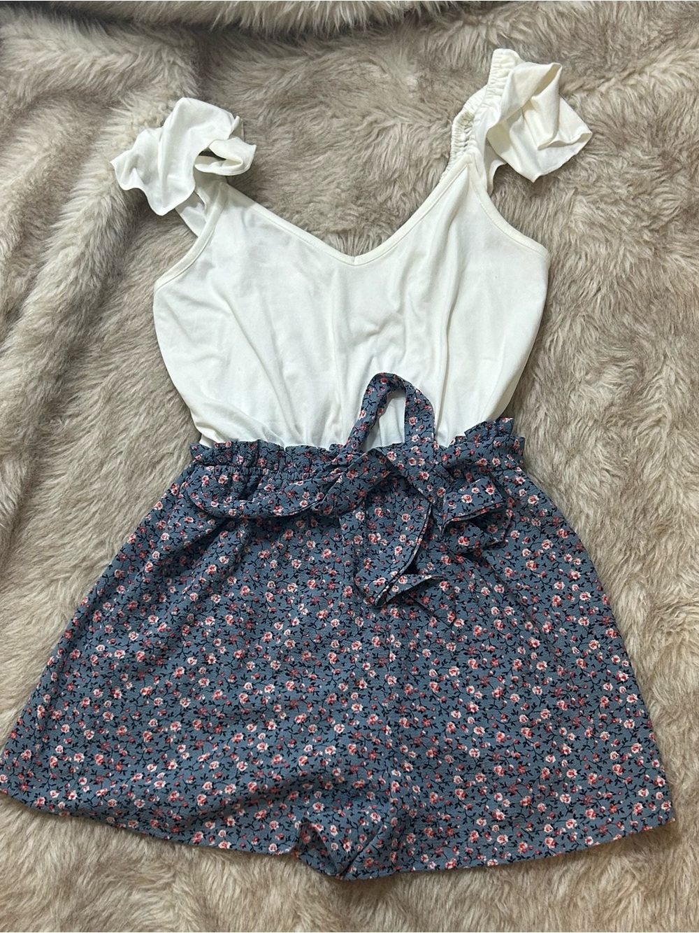 bailey blue Blue Floral Paperbag Mini Skirt with Tie Belt
